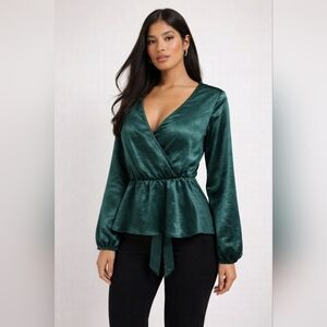 GUESS Forest Green Satin Wrap Blouse – Size M (Lighting May Appear Teal)
